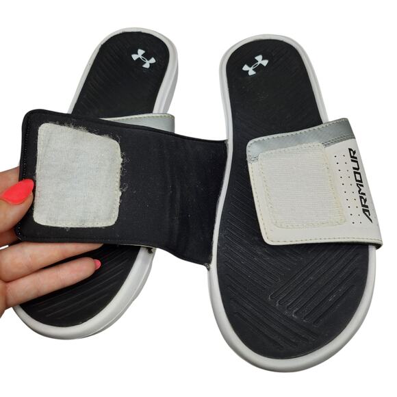 Under Armour Slides Mens 12 Sandals White Black Silver Metallic Ignite Comfort - Picture 11 of 13